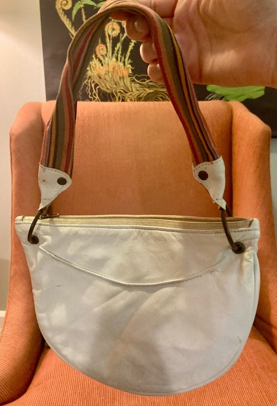 Bolsa White Leather Hobo Baguette Colorful Fabric Strap Mini Bag
